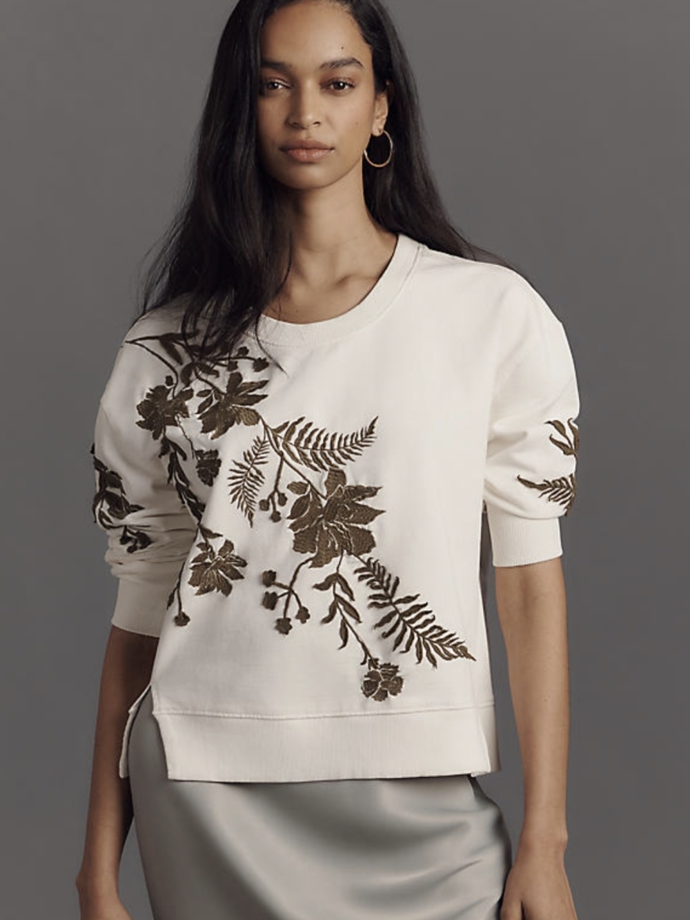 Anthropologie Embroidered Floral Sweatshirt Ivory Boho Cottagecore Pullover